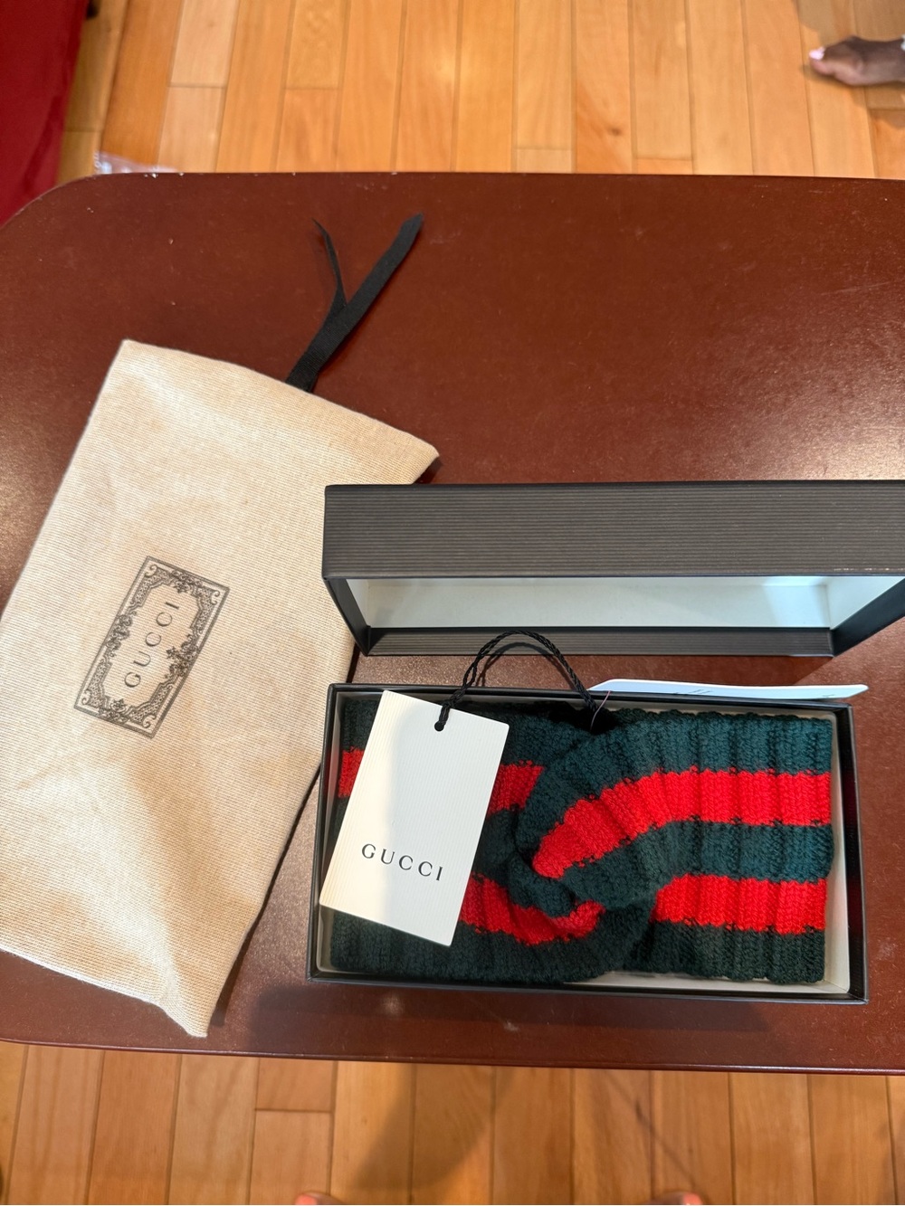 Gucci Ribbed Knit Headband in Forest Green and Ruby Red Stripe
